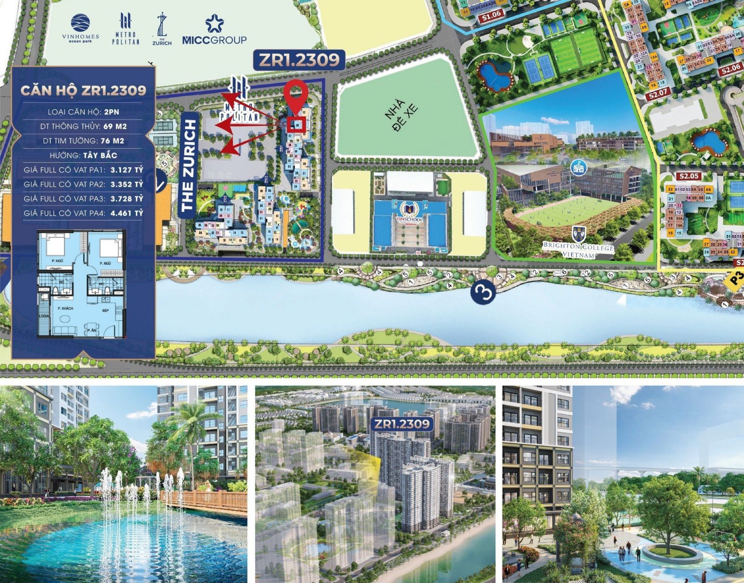 Căn 2 phòng ngủ chung cư Zurich Vinhomes Ocean Park