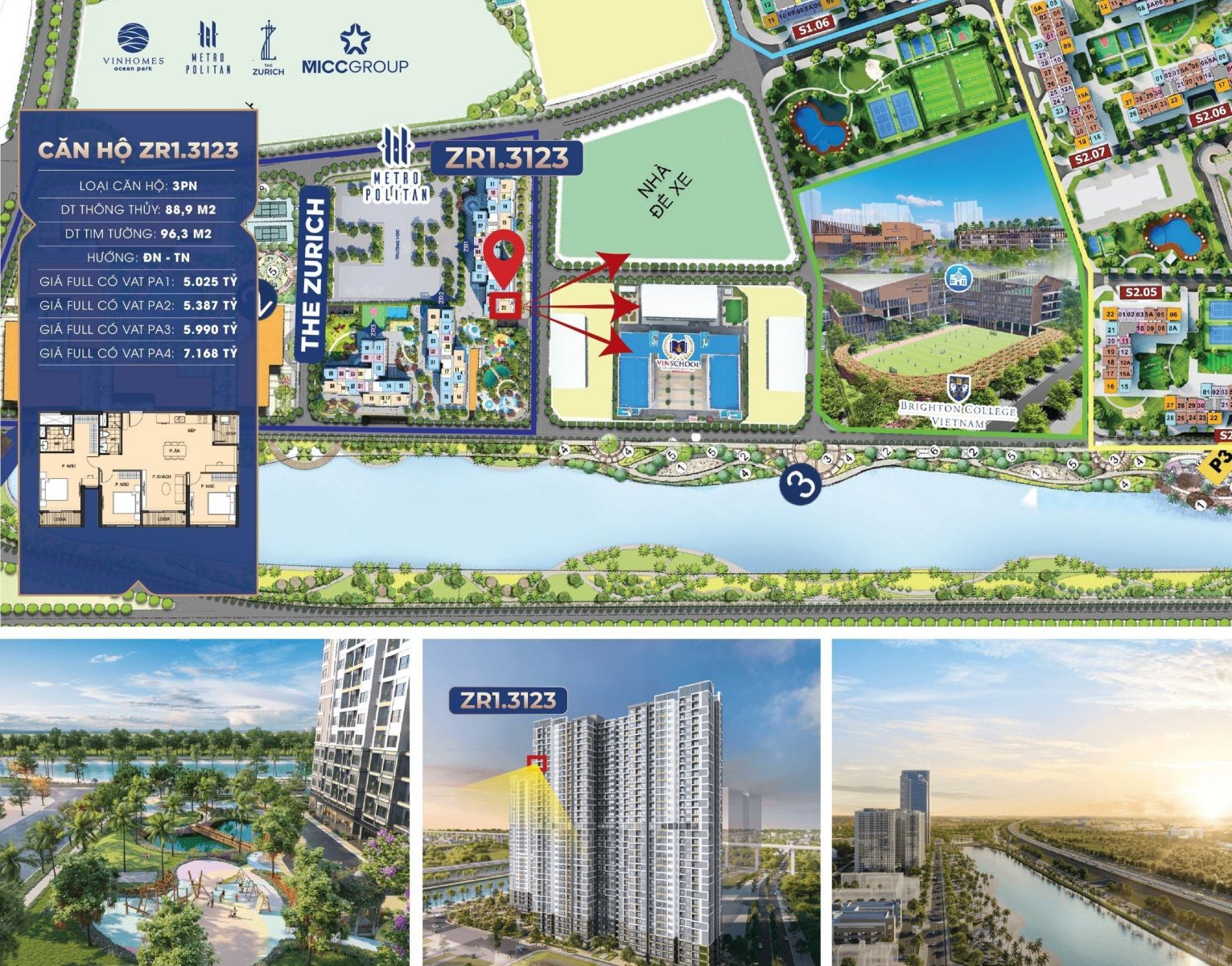 căn góc 3 phòng ngủ chung cư Zurich Vinhomes Ocean Park