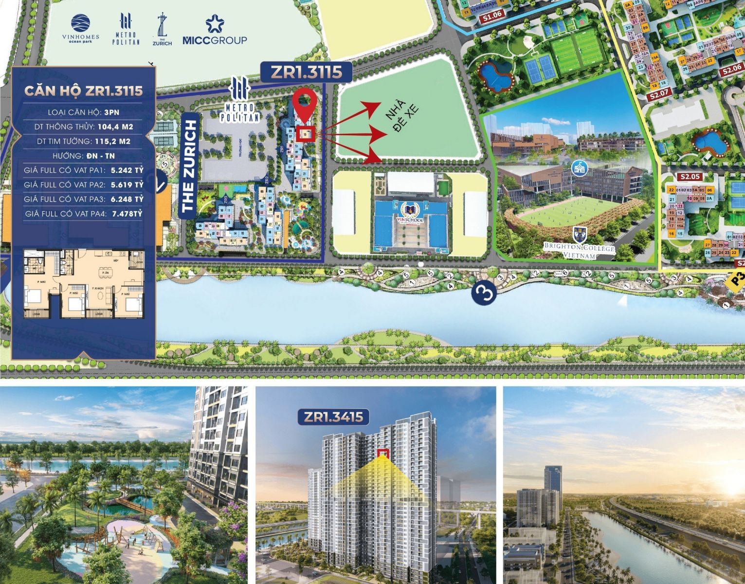 Căn hộ 3 ngủ góc chung cư Zurich Vinhomes Ocean Park