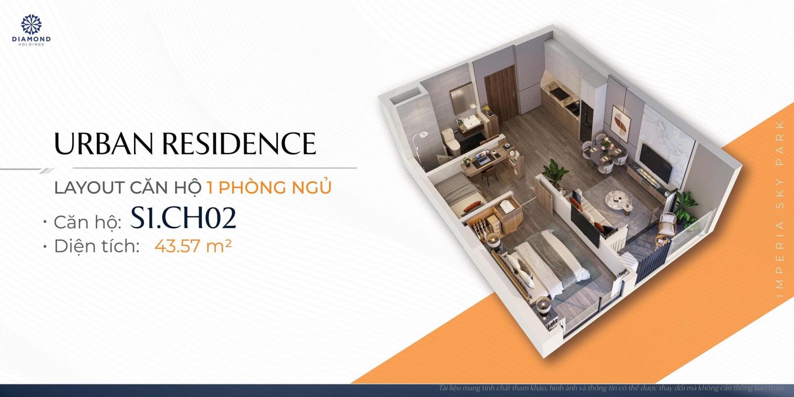 thiết ké căn hộ 1 phòng ngủ chung cư Imperia Sky Park dự án Mik nam an khánh
