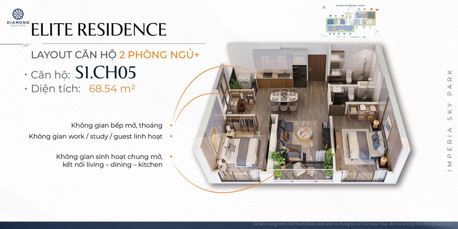 thiết kế căn 2 phòng ngủ (+) chung cư Imperia Sky Park dự án MIK Nam An Khánh