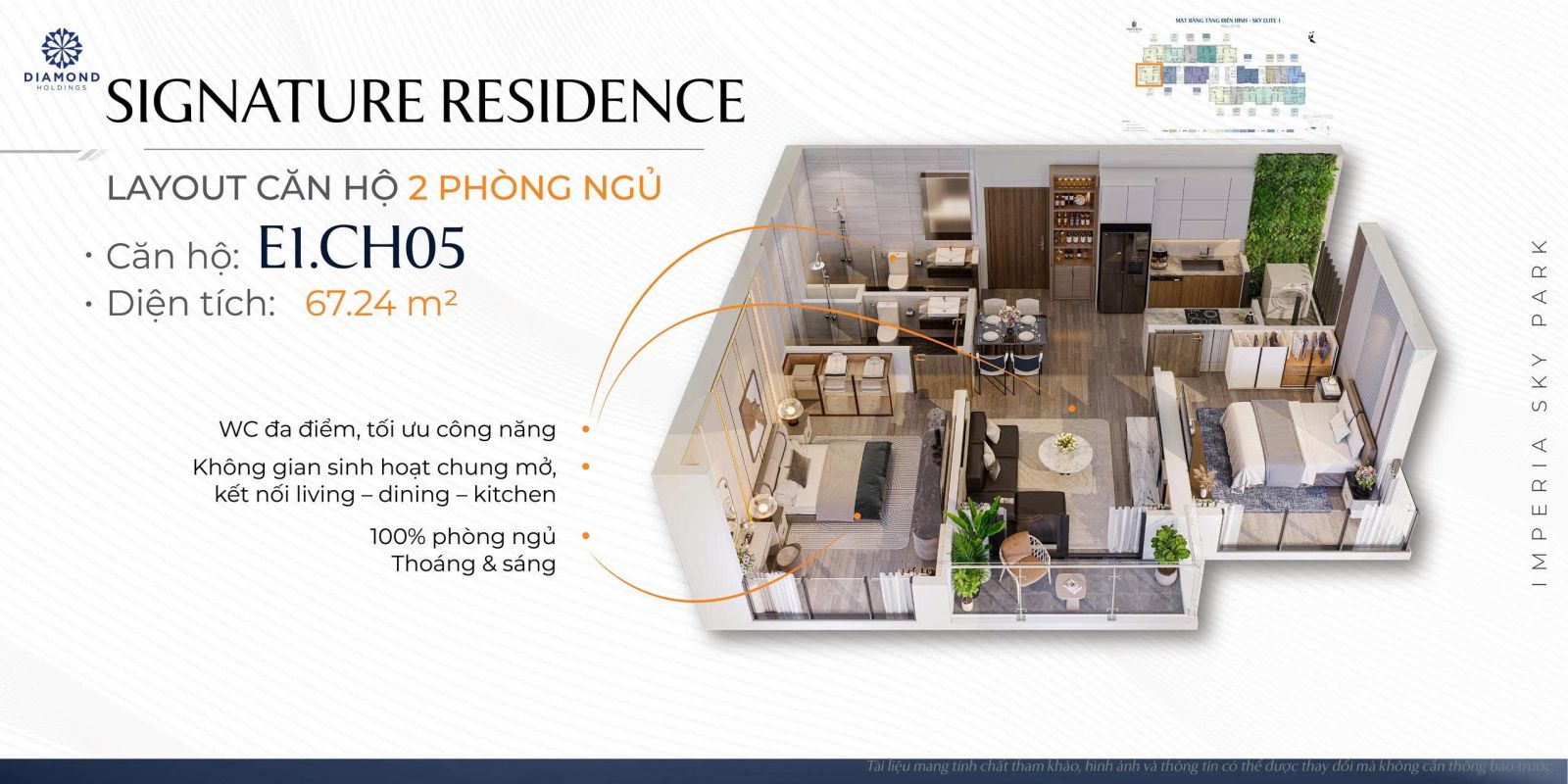 thiết kế căn hộ 2 phòng ngủ chung cư Imperia Sky Park dự án MIK Nam An Khánh 