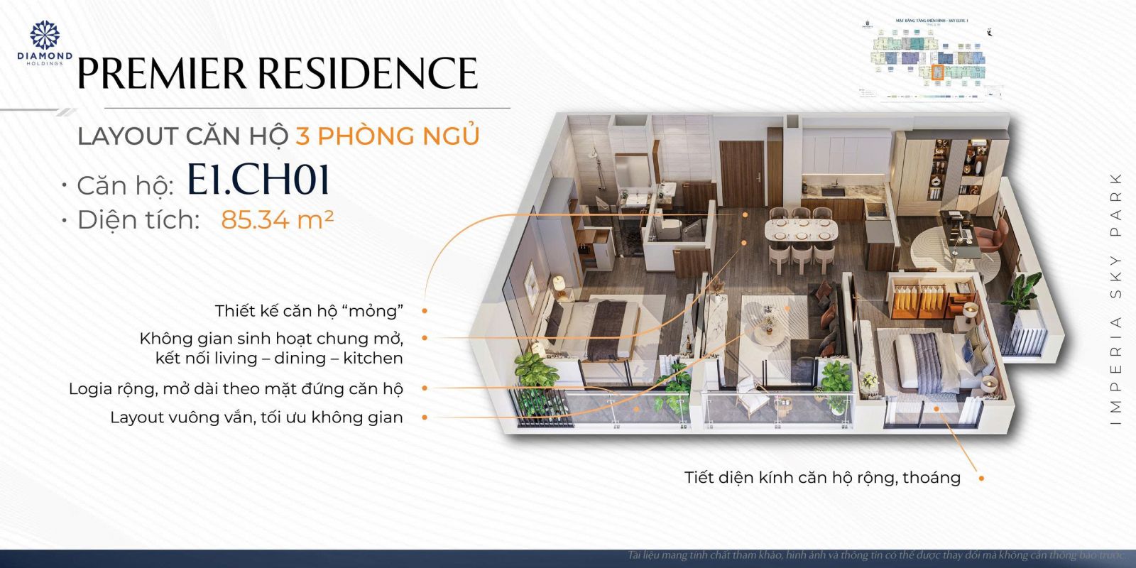 thiết kế căn 3 phòng ngủ chung cư Imperia Sky Park dự án MIK Nam An Khánh